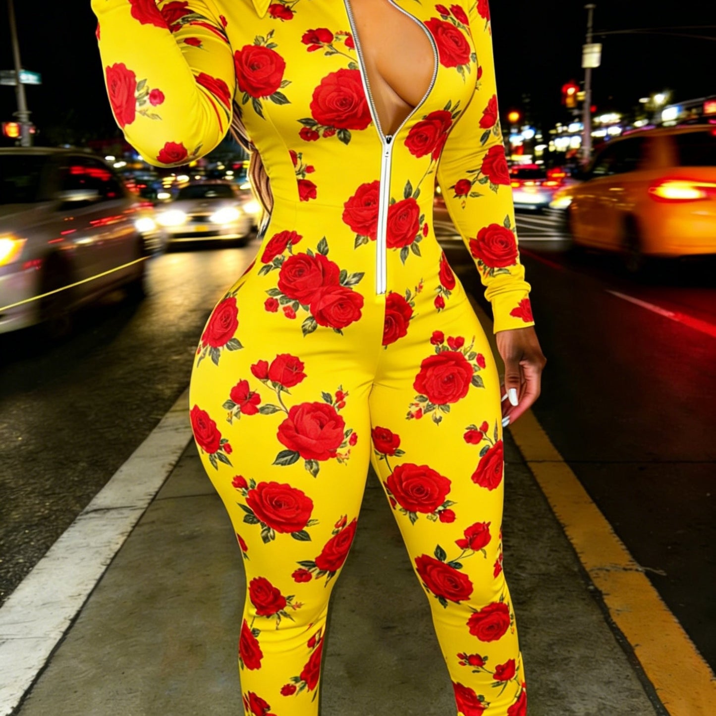 Red Rose Print Casual Women's Half Zipper Jumpsuit, Floral Pattern Casual Wear, Outdoor S Women's Long Sleeved Lapel Sweatshirt Jumpsuit, Fashionable Spring Half Zipper Slim Fit Jumpsuit, Women's Gift, Soft Fabric, Machine Wa