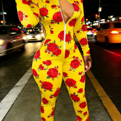 Red Rose Print Casual Women's Half Zipper Jumpsuit, Floral Pattern Casual Wear, Outdoor S Women's Long Sleeved Lapel Sweatshirt Jumpsuit, Fashionable Spring Half Zipper Slim Fit Jumpsuit, Women's Gift, Soft Fabric, Machine Wa