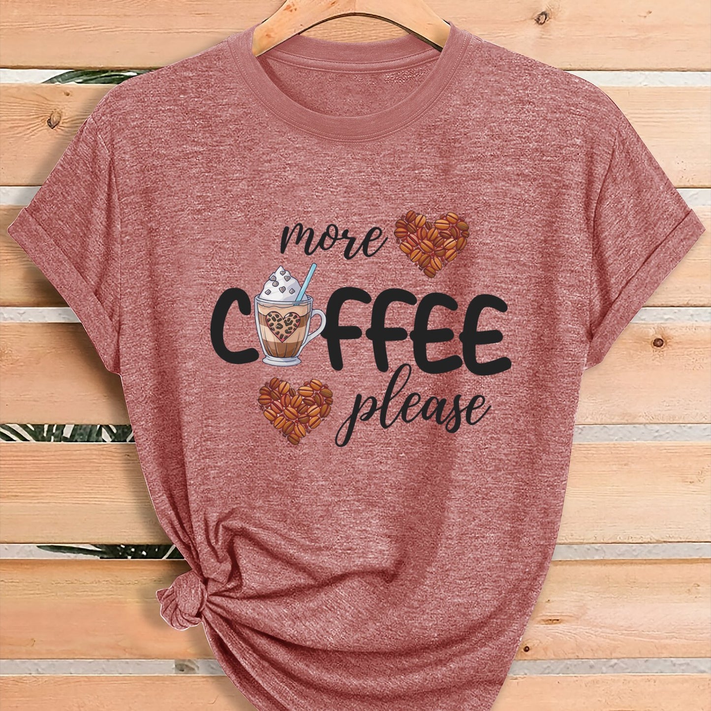 Women'S Coffee Lover Graphic T-Shirt - "More COFFEE Please" Print with Coffee Beans & Heart Eyes - Soft Stretch Round Neck Casual Streetwear Top for Gym, Casual Attire & Coffee Shop Outfits - All-Season Comfort Fit Tee, Coffe