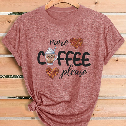 Women'S Coffee Lover Graphic T-Shirt - "More COFFEE Please" Print with Coffee Beans & Heart Eyes - Soft Stretch Round Neck Casual Streetwear Top for Gym, Casual Attire & Coffee Shop Outfits - All-Season Comfort Fit Tee, Coffe