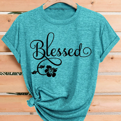 Women's Casual Short Sleeve T-Shirt - Blessed Floral Print Retro Style, Soft Stretch Round Neck Top, Machine Washable All-Season Comfort, Multi-Color Options S-XXL, Ladies T Shirts
