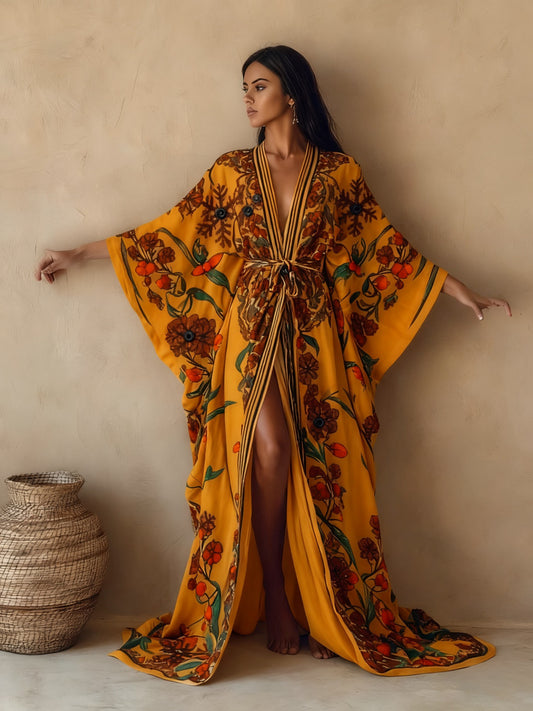 Vintage Ethnic Print Kimono Cardigan Dress. Features an All-over Print Design, V-neck, and Tie-waist Belt. Perfect as a Beach Dress or for Casual Wear. A Great Gift for Mom, for Birthdays, or for Your Girlfriend or Wife.