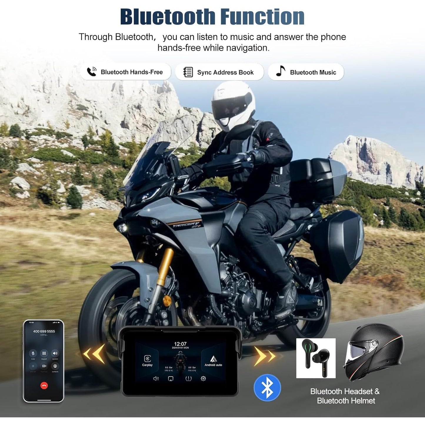 Motorcycle Wireless Carplay & Android Car for Motorcycle, 5 Inch HD Touchscreen for Motorcycles with Navigation/ Bluetooth/ EQ/ Pressure Detection