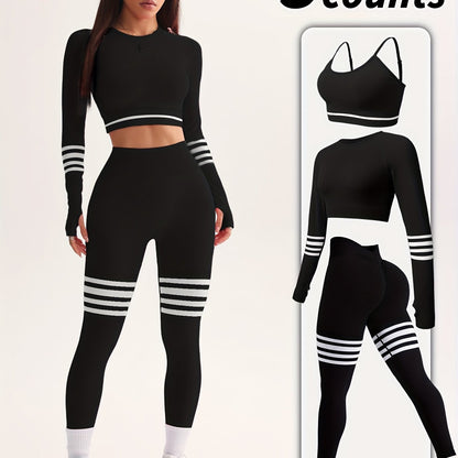 3pcs Women's Full Athletic Set - Seamless Striped Quick-Dry Sports Bra, Tight-Fitting Long Sleeve Gym Pants with Moai Panel Technology | High-Elasticity Moisture-Wicking Fabric for Running, Gymnastics, Training Outfit (All-Se