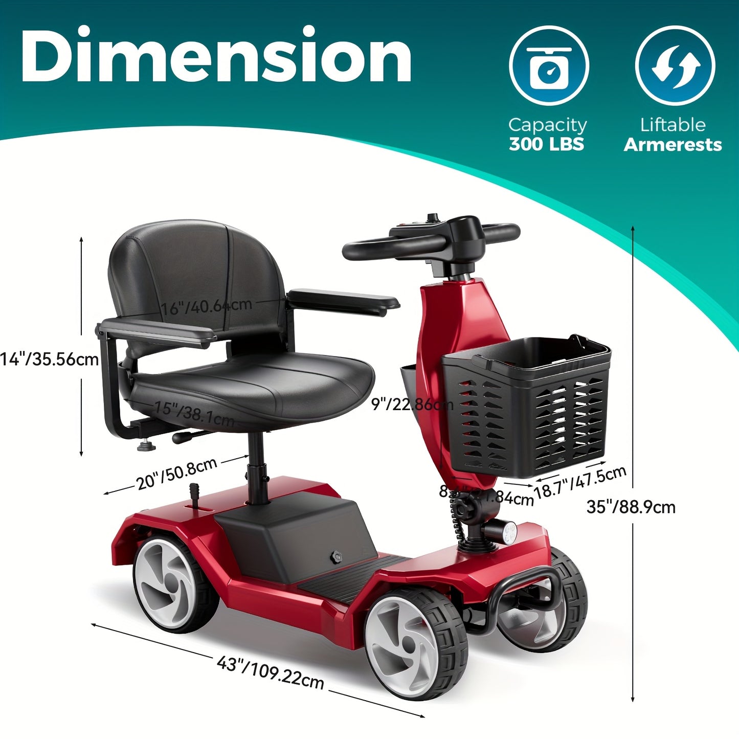 HOMYKING Red Travel-Friendly HOMYKING Foldable 4-Wheel Electric Scooter, 250W Power + Dual Suspension, 15 Miles Range + Front Brake, Detachable Basket + Front Light, For Adults/Elders, 265lbs Capacity