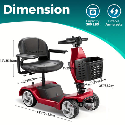 HOMYKING Red Travel-Friendly HOMYKING Foldable 4-Wheel Electric Scooter, 250W Power + Dual Suspension, 15 Miles Range + Front Brake, Detachable Basket + Front Light, for Adults/Elders, 265lbs Capacity, Foldable Scooter, Mobil