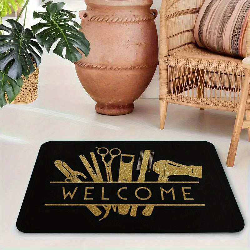 1pc Salon Barber Shop Mat - Anti-Slip Bathroom with Golden Hair Tools Design (Scissors, Comb, Boots), Extra Large Non-Slip Door Mat for Salon, Bathroom, Entryway - Machine Washable Heavy-Duty Rubber Base - Ideal Gift for Hair