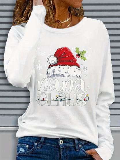 Women'S Christmas Santa Claus & Nana Claus Graphic Print Long Sleeve T-Shirt - Cozy Crew Neck Casual Top with Festive Snowflake & Santa Hat Design, Perfect For Fall/winter Holiday Celebrations, Christmas Shirts