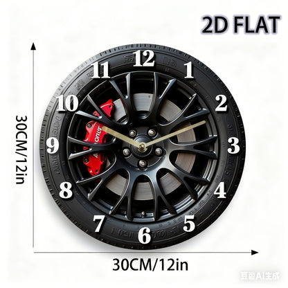 Modern minimalist car decoration - 12-inch silent wall clock, black wheels and red brake calipers, 2D flat surface - suitable for garages, living rooms, offices, industrial fashionable home decoration, garage decoration, uniq