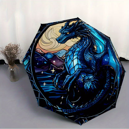 Automatic Open/Close Umbrella with One-Touch Button - Compact Folding Umbrella, Windproof 8-Rib Shaft, Auto Open Close, Portable for Travel, Commute, Everyday - Elegant Blue Dragon Design in Deep Blue & Golden Accents - All-S