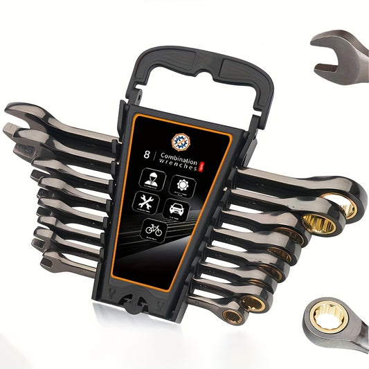 An 8pcs Black Nickel Fixed Head Wrench Set with a 72-Tooth Ratchet, Including Sizes from 8 to 17Mm, Made of Chrome Vanadium Steel, Featuring a Nickel-Plated Surface And Quick Ratchet Open-End Wrenches, This Metric Industrial-
