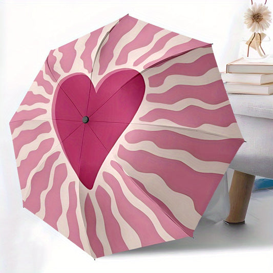 1pc Zebra Heart Automatic Open/Close Umbrella - Pink & White Zebra Print with Red Heart Design, Portable Folding Travel Umbrella, Durable Fabric, 8-Rib Sturdy Frame, Compact & Lightweight for Outdoor, Beach, Parties, Gifts, P