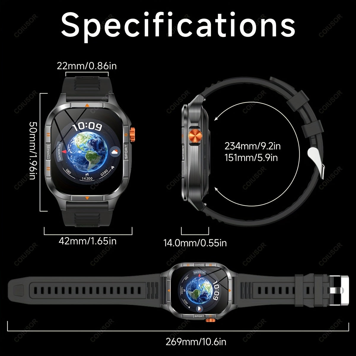 COIUSOR Men's & Women's Heavy-Duty Smart Watch with 1000mAh Battery, IP68 Waterproof, 2.01" HD IPS Display, ic, -like Compass & Wireless 5.3 - Rugged Outdoor Smartwatch for,, -Grade Fitness Tracker