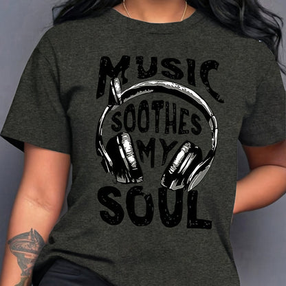 Women's Music Soothes My Soul Headphones & Sound Wave Print T-Shirt - Casual Short Sleeve Round Neck Blouse, Spring Summer Casual Attire for Music Lovers, Machine Washable Comfortable Top