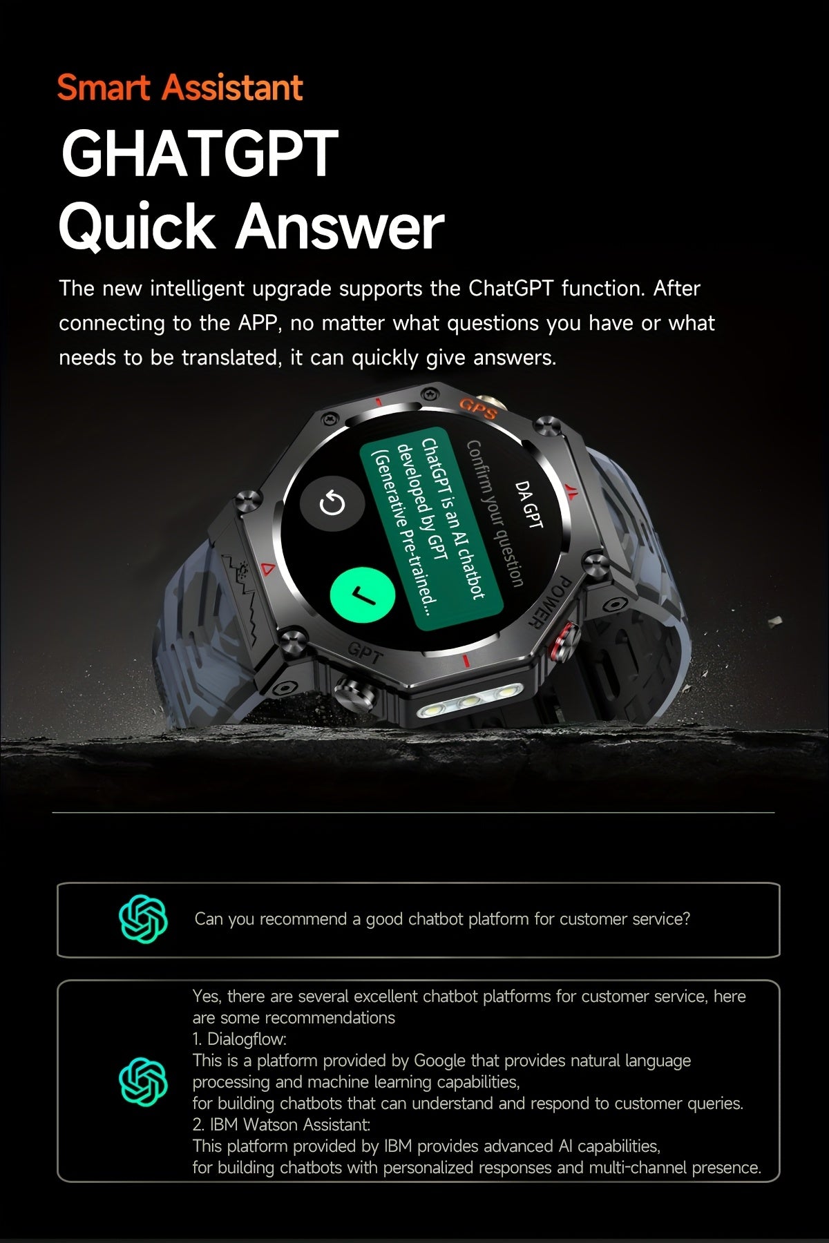 Men's Smartwatch - 1.39inch full touch HD Display, come with long range flashligh & GPS function, 530mAh large battery capacity, Wireless Calls/dial, compass, Music Control, massive sports modes, Zinc Alloy Case, Silicone and