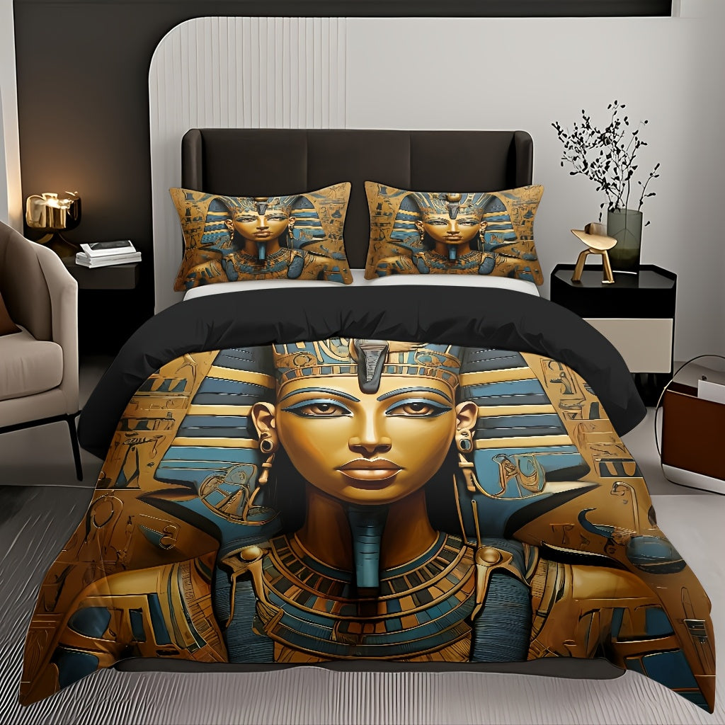 Pharaoh Theme Duvet Cover Set - Soft High-Definition Digital Print, Egyptian Style Golden And Blue, All-Season, Soft Breathable 100% Polyester, Perfect Gift For Family And Friends, Machine Washable, Includes 1 Duvet Cover + 2