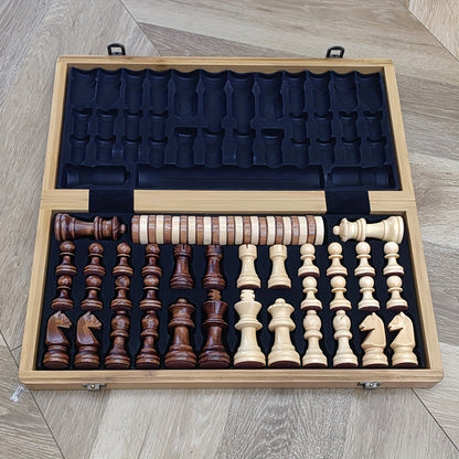 1pc Limited Edition 30.5cm Large Wooden Chess and Checkers Set - Foldable Strategy Game with Exquisite Board and German Knight Staunton Pieces, Portable and Durable Storage Box - For Chess & Checkers Enthusiasts - Perfect Gif