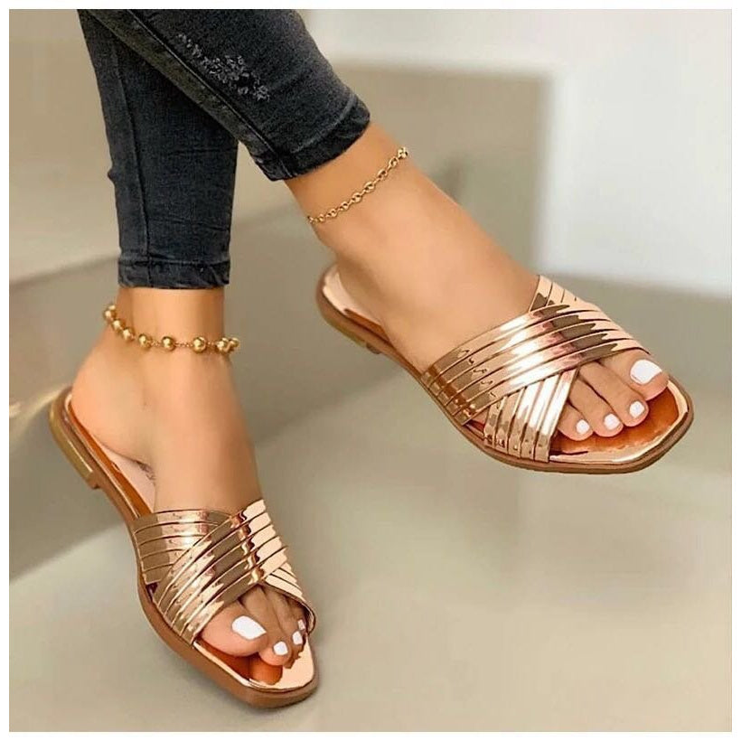 Women's Slip- Comfortable Flat - Open-Toe Mules with Arch & Cushioned Insole, Low-Heel PU Sole, Golden Buckle Strap - Casual to Formal Summer Shoes (EU 36-43, US Women's 5-10) - Ideal for Beach, Office, Semi-Formal Events - E