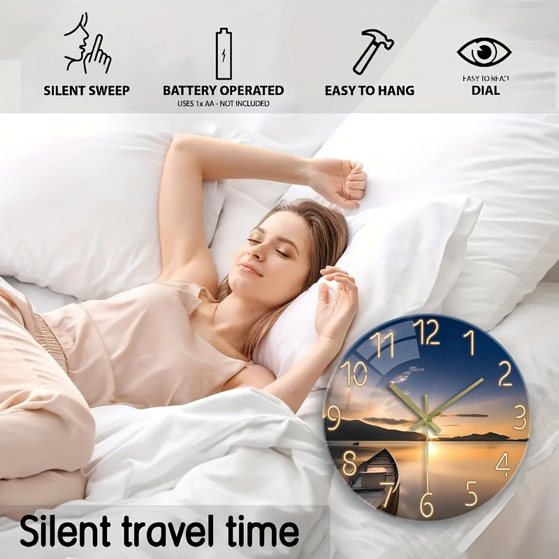 12 Inch Silent Glass Wall Clock with Sunset Mountain Lake Scene & Boat Design - Thickened Reinforced Glass, Battery Operated AA (Not Included), Modern Round Clock for Living Room, Bedroom Decor - Perfect Holiday, Birthday Gif