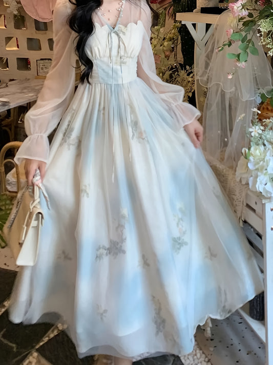 Elegant Julie French New Style Dress | Mint Temperament, Gentle Tulle with Cloud Print, Tie Waist Design, Off the Shoulder, Perfect for Spring/Summer/Fall