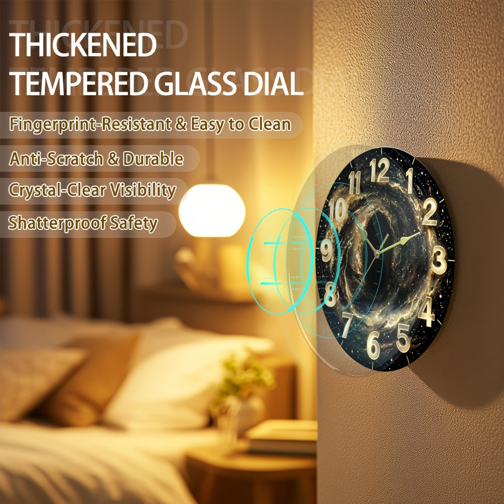 Glass Deep Sparkling Golden Vast Universe Wall Clock, Dark Tempered Glass Face with Film Coating for Living Room, Bedroom, Kitchen & Office Decor - Unique Aesthetic Home Artwork, Ideal Birthday Gift and Modern Housewarming Pr