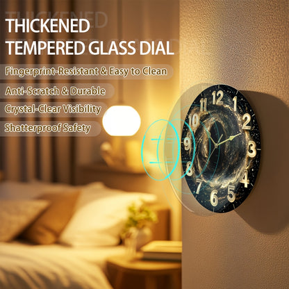 Glass Deep Sparkling Golden Vast Universe Wall Clock, Dark Tempered Glass Face with Film Coating for Living Room, Bedroom, Kitchen & Office Decor - Unique Aesthetic Home Artwork, Ideal Birthday Gift and Modern Housewarming Pr