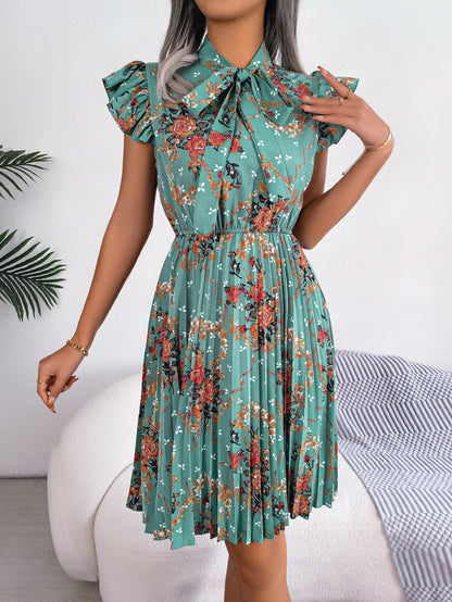 Women'S 2026 Spring Summer Elegant Floral Tie Waist Maxi Flare Pleated Dress | Lightweight, Breathable, Soft, Comfortable, Versatile, Casual Party Dating Daily Going Out Dress, Sleeveless, Crew Neck, Regular Fit