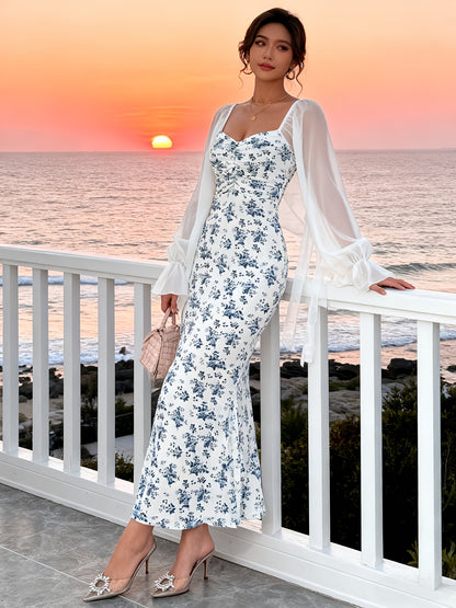 Women's French Vintage V-Neck Chiffon Mermaid Maxi Dress - Lace Trim -Line Long Sleeve Wedding Guest Gown, Bodycon Dress for Spring Summer Fall, Hand Washable Floral print French Style Dress