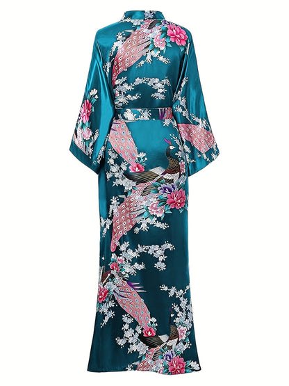 Elegant Floral Kimono Women's Robe - Soft and Light Beige-Friendly V-Neck Geometric Pattern All-Season Comfortable Casual Pajamas Pajamas