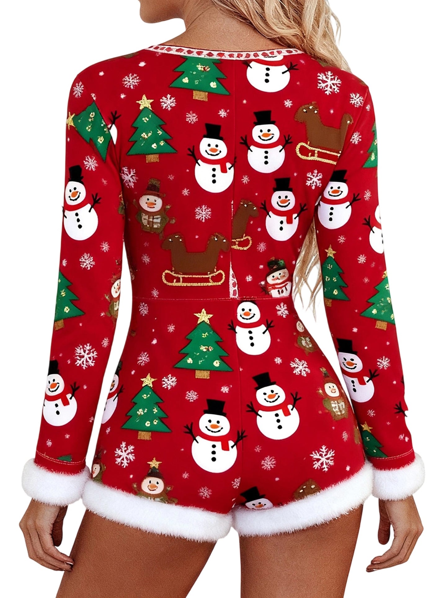 Women'S Christmas Romper Pajamas - Festive Snowman & Candy Cane Print Long Sleeve V-Neck Jumpsuit with Raw Edge Trim, Soft Stretch Fabric Slim Fit Coquette Style Holiday Party Outfit, Y2K Winter Sleepwear & Lounge Wear for Ad