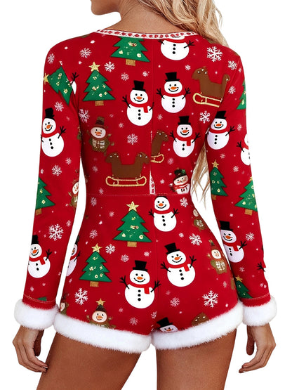 Women'S Christmas Romper Pajamas - Festive Snowman & Candy Cane Print Long Sleeve V-Neck Jumpsuit with Raw Edge Trim, Soft Stretch Fabric Slim Fit Coquette Style Holiday Party Outfit, Y2K Winter Sleepwear & Lounge Wear for Ad