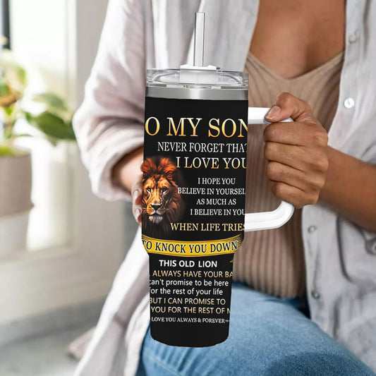 40oz Insulated Travel Mug with Straw & Lid - "to My Son: Never Forget I Love You" Inspirational Lion Design Water Bottle - Leak-Proof Coffee Cup for Easter, Mother's Day, Father's Day Gifts - Durable 40oz Tumbler for Birthday