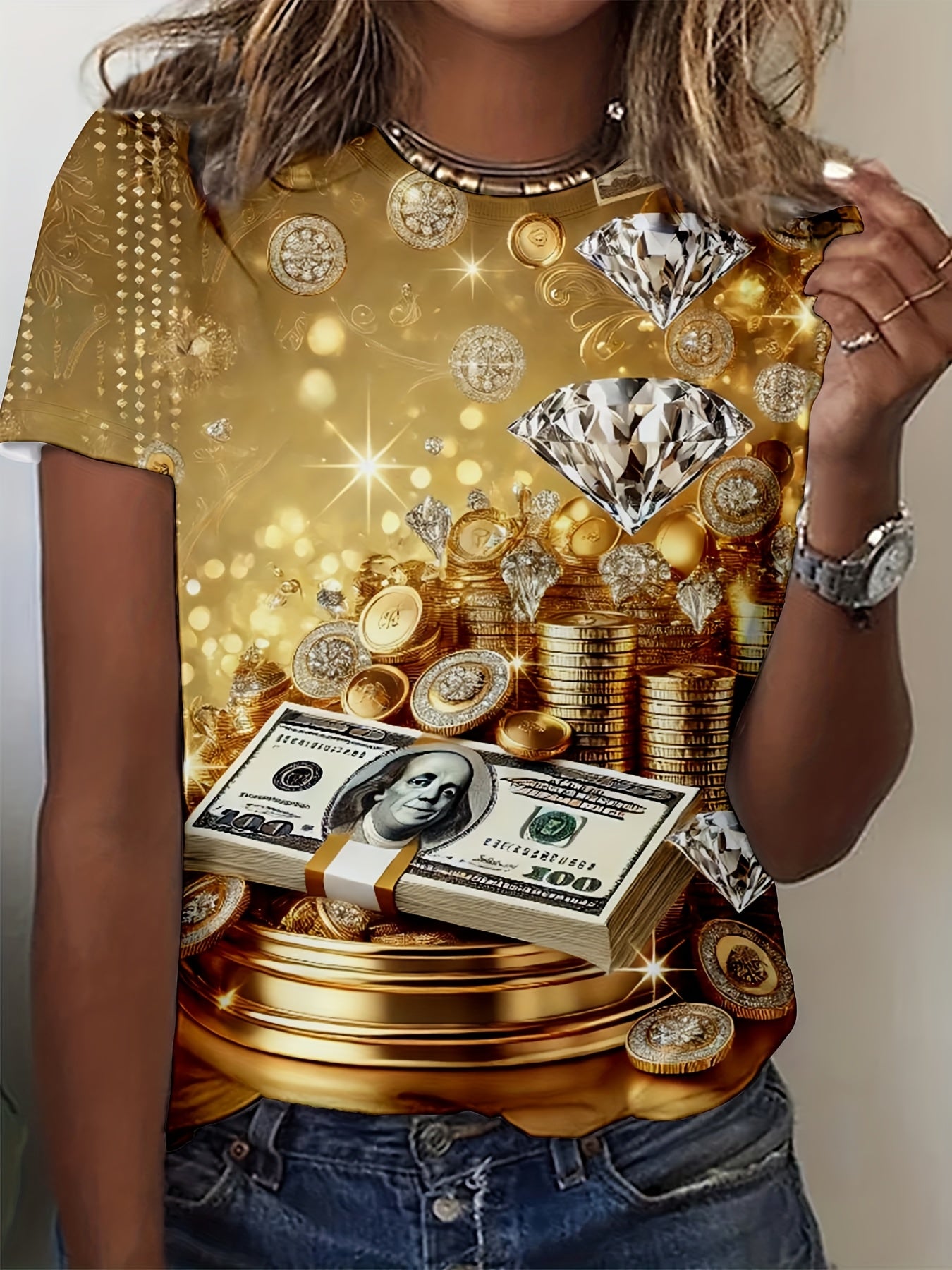 Women's Luxury Glam T-Shirt - Ultra-Shiny Golden & Diamond Print with Dollar Bills & Coin Design - Sparkling Wealth Party Outfit - Machine Washable Non-See-Through Fabric - Birthday/Anniversary Gift for Women - Elegant Casual