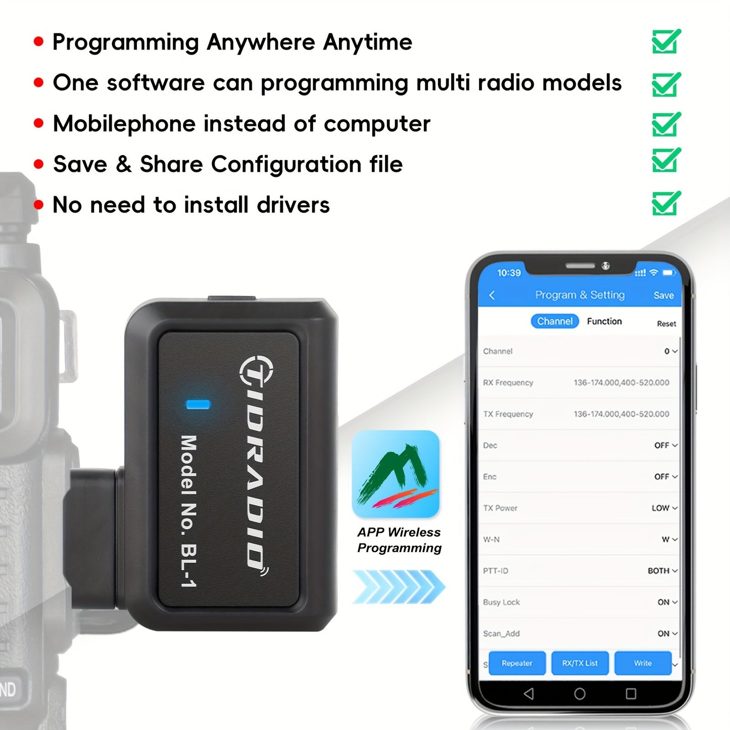 TIDRADIO Ham Radio Wireless Programmer Adapter APP and PC Program Multiple Models No Driver Issues Instead of Program Cable