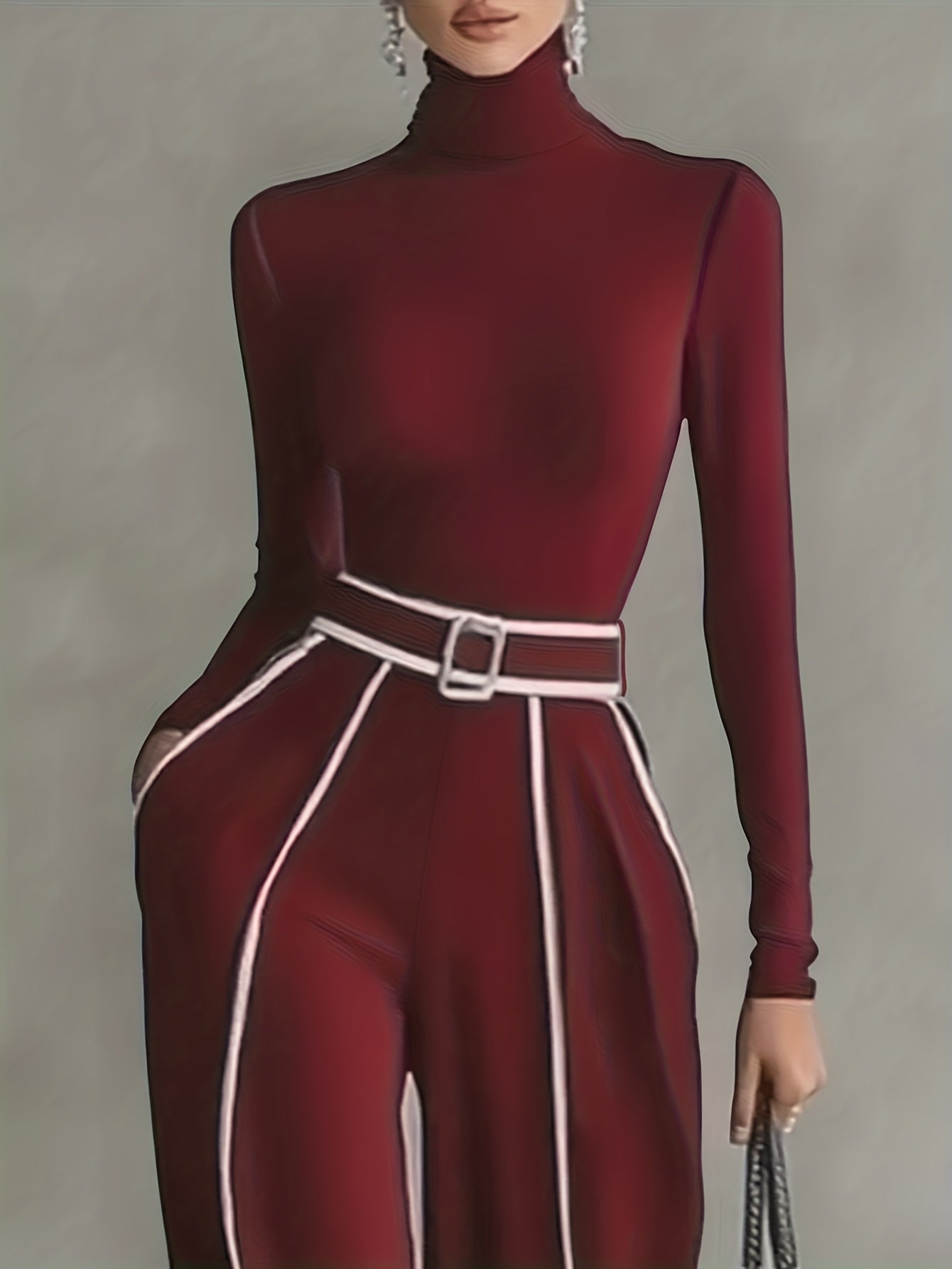 Women's Two-Piece Set: High-Neck Long-Sleeve Top with Contrast Straight-Leg Pants Featuring Pockets and Belt, Elegant and Versatile Design for Autumn/Winter Commuting