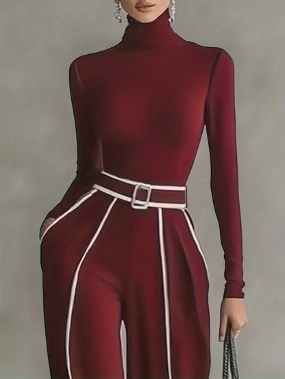 Women's Two-Piece Set: High-Neck Long-Sleeve Top with Contrast Straight-Leg Pants Featuring Pockets and Belt, Elegant and Versatile Design for Autumn/Winter Commuting