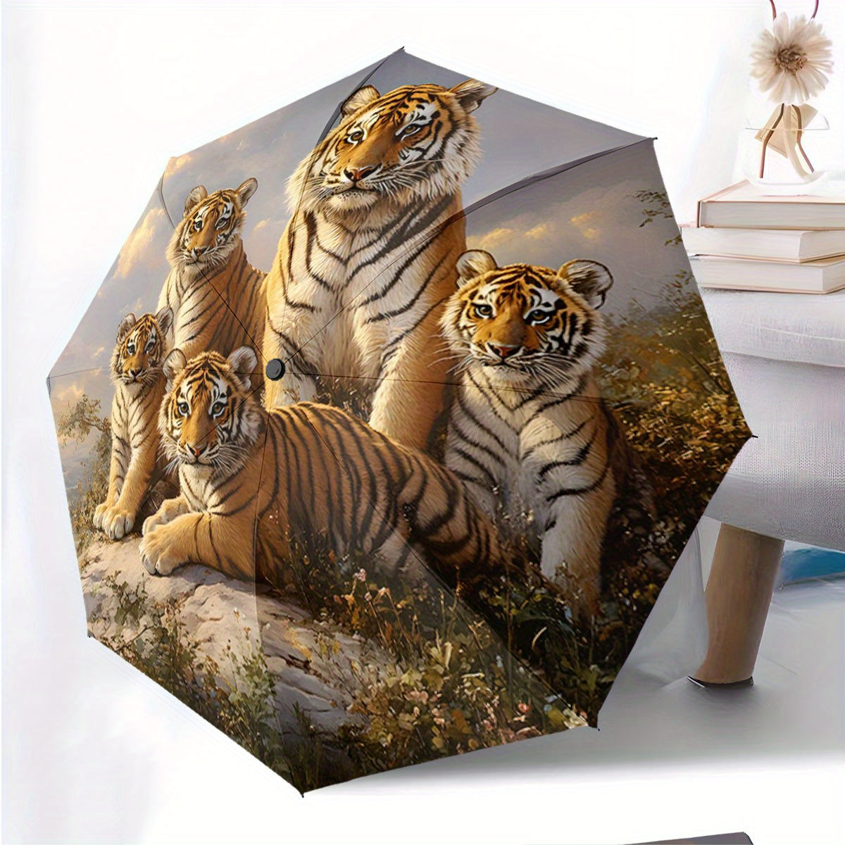 Automatic Folding Umbrella Five tigers resting on a . Portable collapsible design, casual outdoor accessory, for all seasons, Christmas birthday festival gift