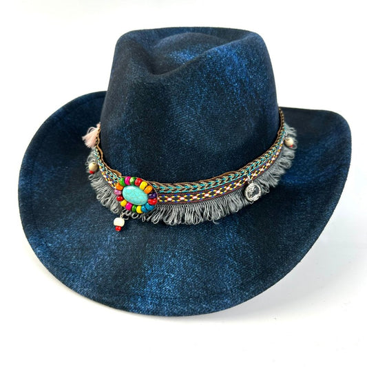 1pc popular bohemian-style hat, decorated with colorful beads, exquisite tassels, and turquoise-like gemstones - a retro cowboy hat, suitable for ultra-fashionable daily wear, festival celebrations, and adventure-ready outdoo