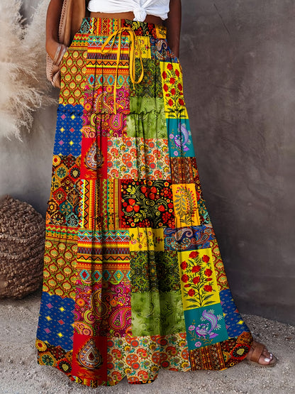 1pc Bohemian Style Women'S Maxi Skirt, 2024 Spring/Summer Collection, 100% Polyester, Geometric-Patterned, Casual Long Skirt with Frill Detail and Patchwork Design, Woven Fabric