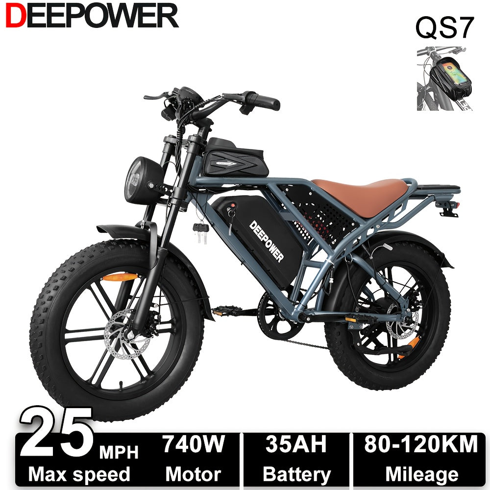 Deepower Electric Bike QS7 740W 48V 20AH/35AH/60AH 20 Inch Fat Tire Adult Electric Bike 80 Miles Range Mountain Cross Country Dual Battery Electric Bike