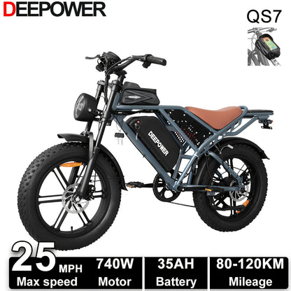 Deepower Electric Bike QS7 740W 48V 20AH/35AH/60AH 20 Inch Fat Tire Adult Electric Bike 80 Miles Range Mountain Cross Country Dual Battery Electric Bike