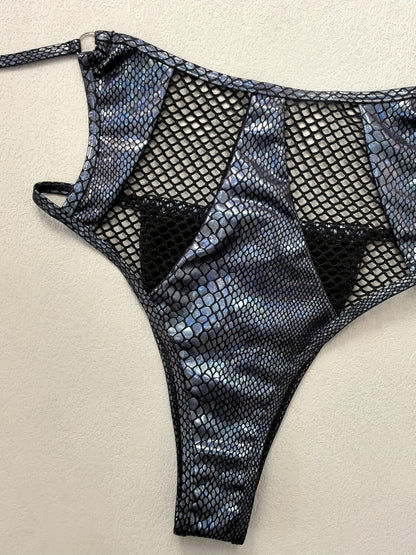 Women's Sexy and Elegant Erotic Snake Print Shiny Scale Pattern Bikini - Women's Erotic Lingerie Set with Mesh Panels and Metal Ring Decorations, Adjustable Back Straps, Halter Neck, Breathable and Quick-Drying Swimsuit, Suit