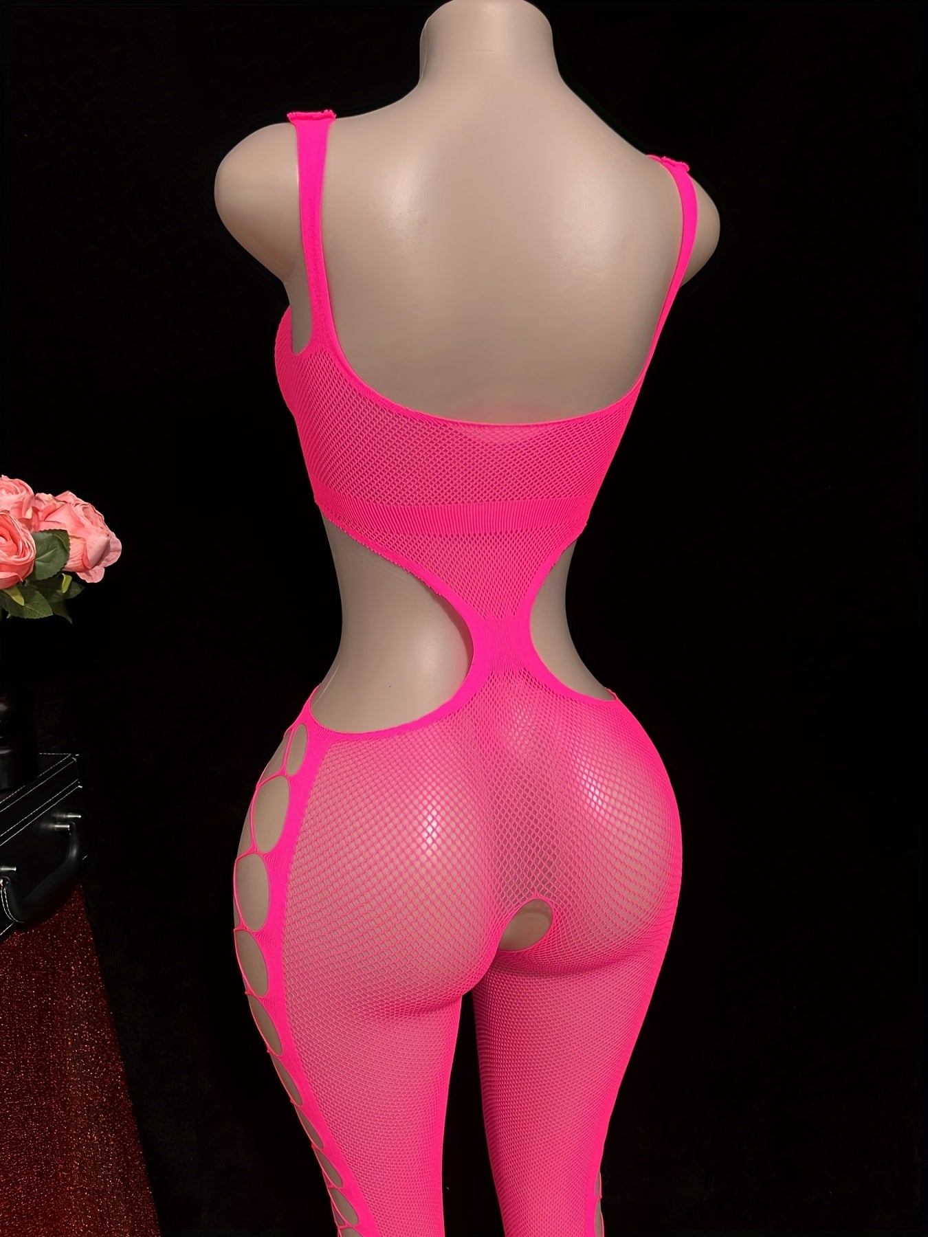 Women's Plus Size Sexy Strapless Halter Jumpsuit - Sheer Mesh Bodysuit with Exposed Waist & Thigh Slit, High-Stretch Pink/Black Stretchy Outfit for Parties, Nightclub, Semi-Formal Wear (Hand Washable) - One-Piece Swimsuit,