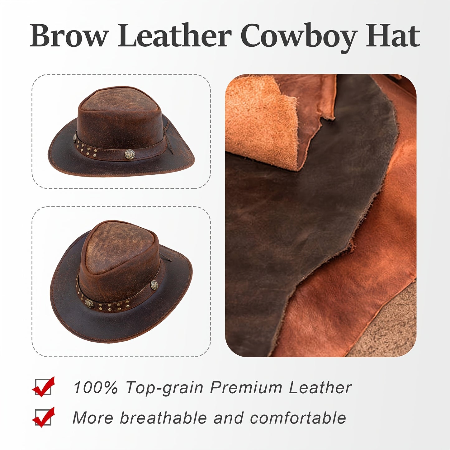 Cowhide Leather Cowboy Western Hat | Genuine Leather Steampunk Deadman Top Hat for Men and Women, Vintage Style for Halloween.