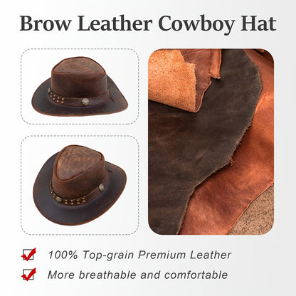 Cowhide Leather Cowboy Western Hat | Genuine Leather Steampunk Deadman Top Hat for Men and Women, Vintage Style for Halloween.