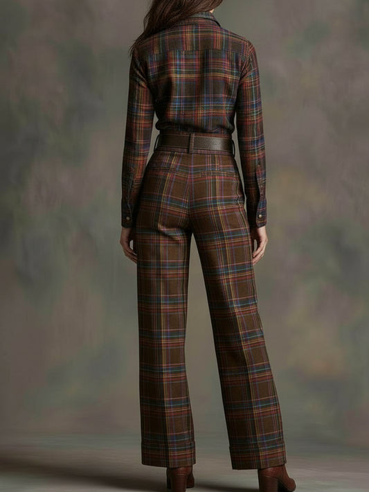 2pcs Set: Vintage Plaid Shirt + Wide-Leg Pants | American Western Retro Style, Suitable for Daily Commuting, Outdoor Leisure Occasions, and Fall/Winter Seasons
