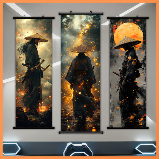 Room Decor - 3pc Hanging Scroll Painting Set, Japanese Samurai And Flame Canvas Poster, HD Ink Art Print Painting, Waterproof, Odorless - For Home & Office Decoration - Perfect Gift for Art Lovers