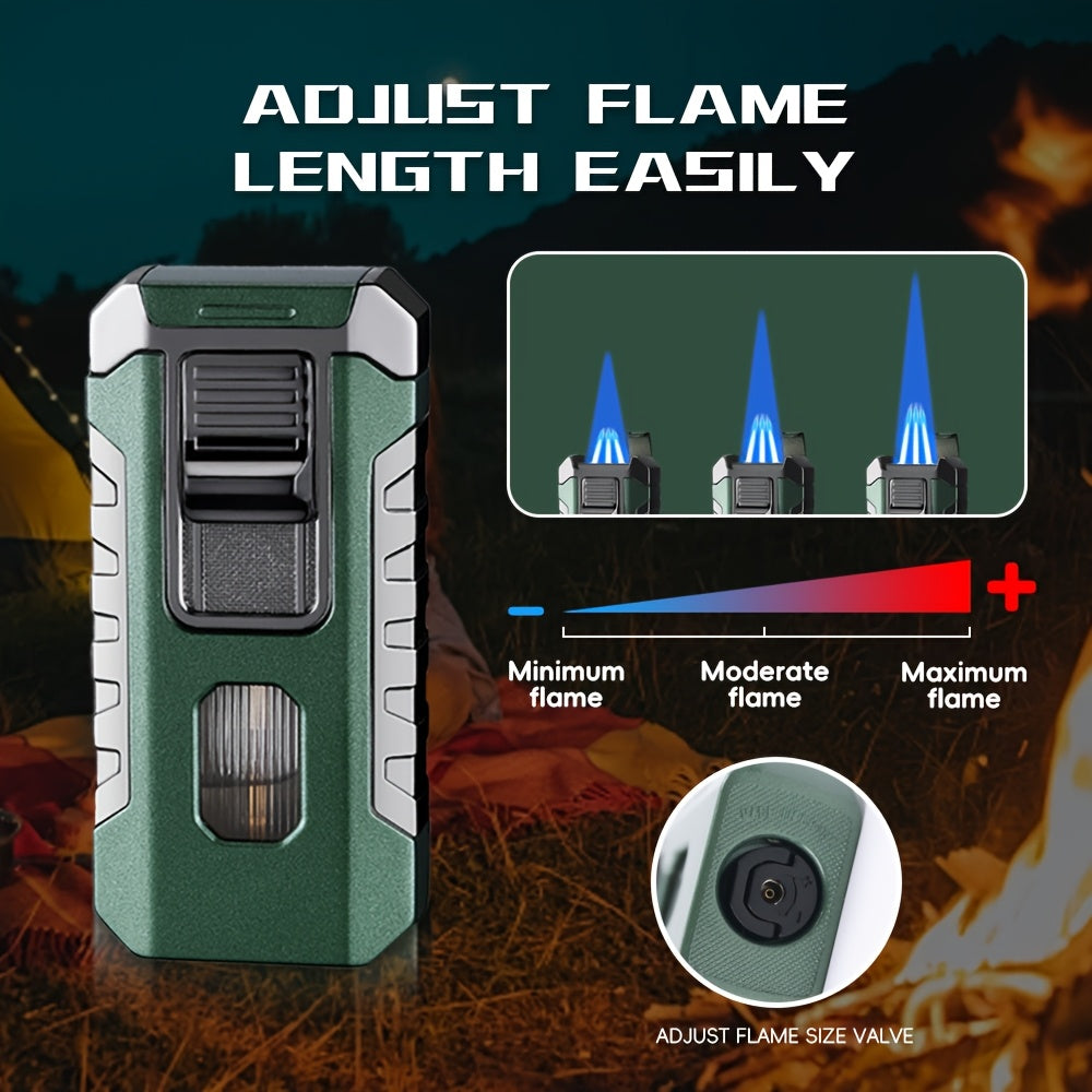 A Lighter That Resists Wind, Featuring a Triple Flame with Direct Injection, Made of Metal And Equipped with a Viewing Window. It'S a Refillable, Portable Lighter with an Adjustable Flame