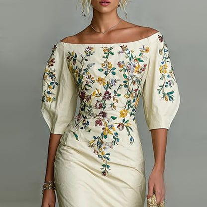 Women's Elegant Vintage Off-Shoulder Five-Sleeve Wedding Dress - Waist-Cinching A-Line Bodycon Gown with Ruffle details, Luxury Evening Gala Attire for Fall/Winter Events, Prom, and Formal Ceremonies - Machine Washable