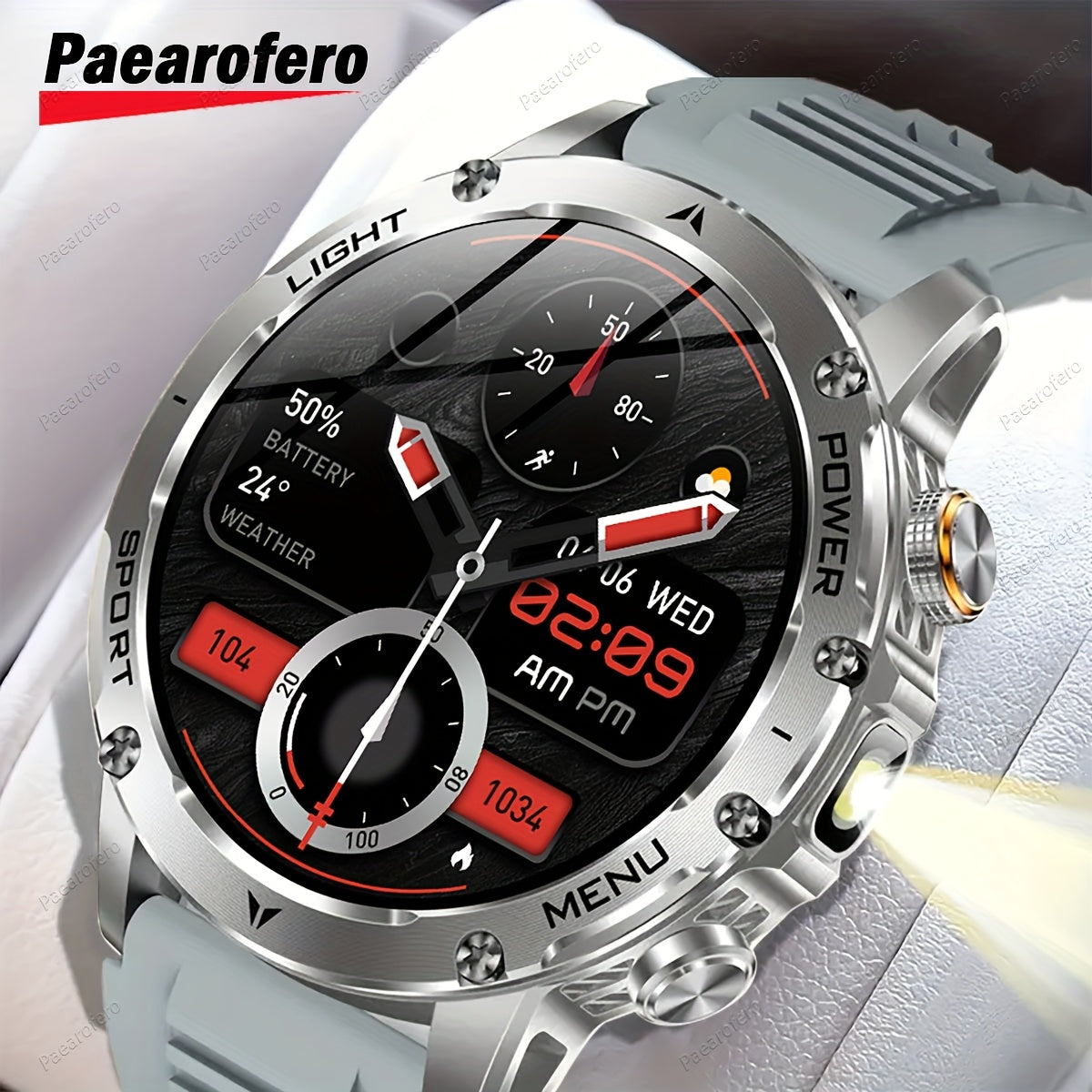 Paearofero 1000mAh Large Battery Outdoor Smartwatch, LED Flashlight, Wireless Calling, Voice Assistant, Multi-Function Reminder, Sports Fitness, 1.7-inch HD Display, Alloy Body, Men'S Smartwatch for iPhone&Android, Holiday Gi
